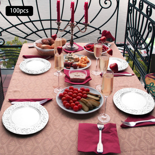 100Pcs 13 Inch Round Charger Plates, Silver Decorative Serving Platters for Holiday and Party Table Setting