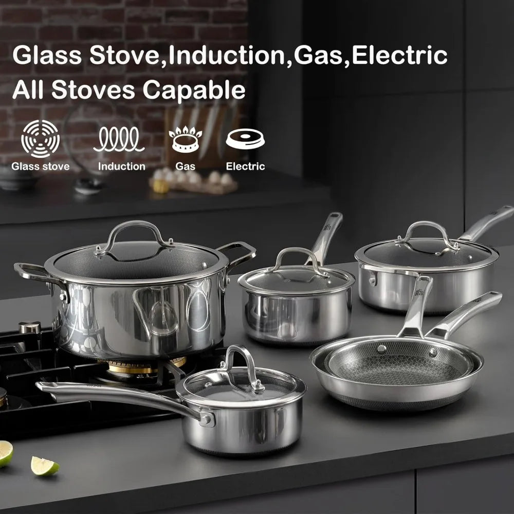 Pots and Pans Set Non Stick, 10 Pcs Hybrid StainlSteel Cookware Sets, Non Stick Frying Pans