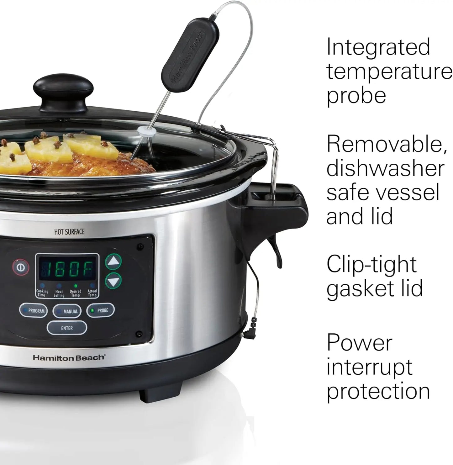 Portable 6 Quart Set & Forget Digital Programmable Slow Cooker with Lid Lock, Temperature Probe