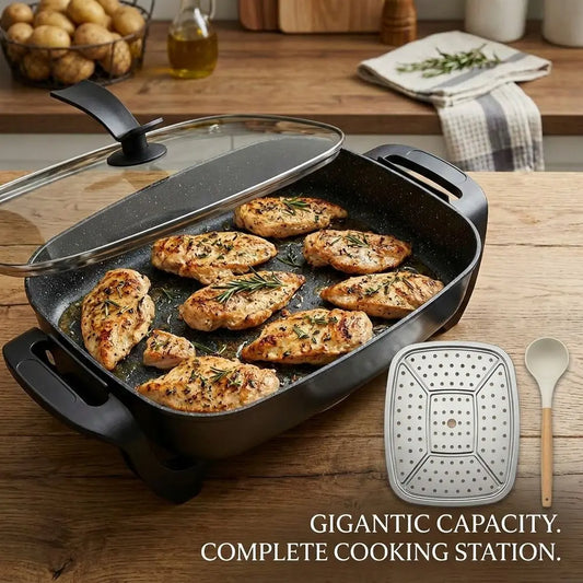 Aoran 16 Inch Family-Sized Electric Skillet, Non-Stick Electric Griddle With Tempered Glass Lid & Steamer Insert, Perfect For B