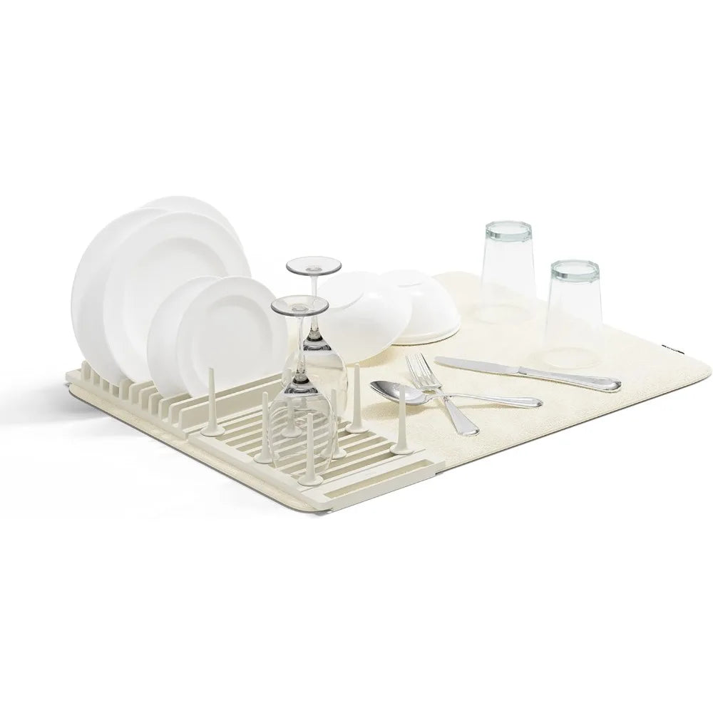 Foldable Dish Rack with Adjustable Pegs and Drying Mat Compact Storage Linen