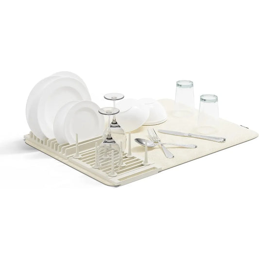 Foldable Dish Rack with Adjustable Pegs and Drying Mat Compact Storage Linen