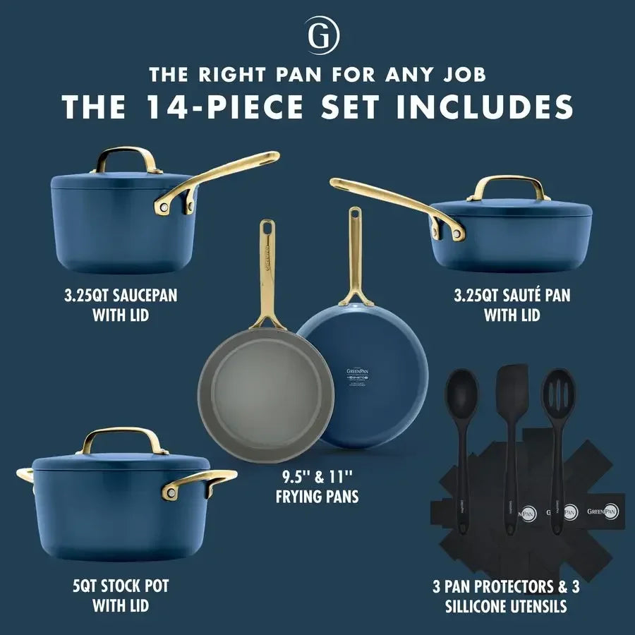 GP5 14 Piece Cookware Pots and Pans Set, Hard Anodized Healthy Ceramic Nonstick PFASFree, Champagne Handles, Heavy Gauge, StayF