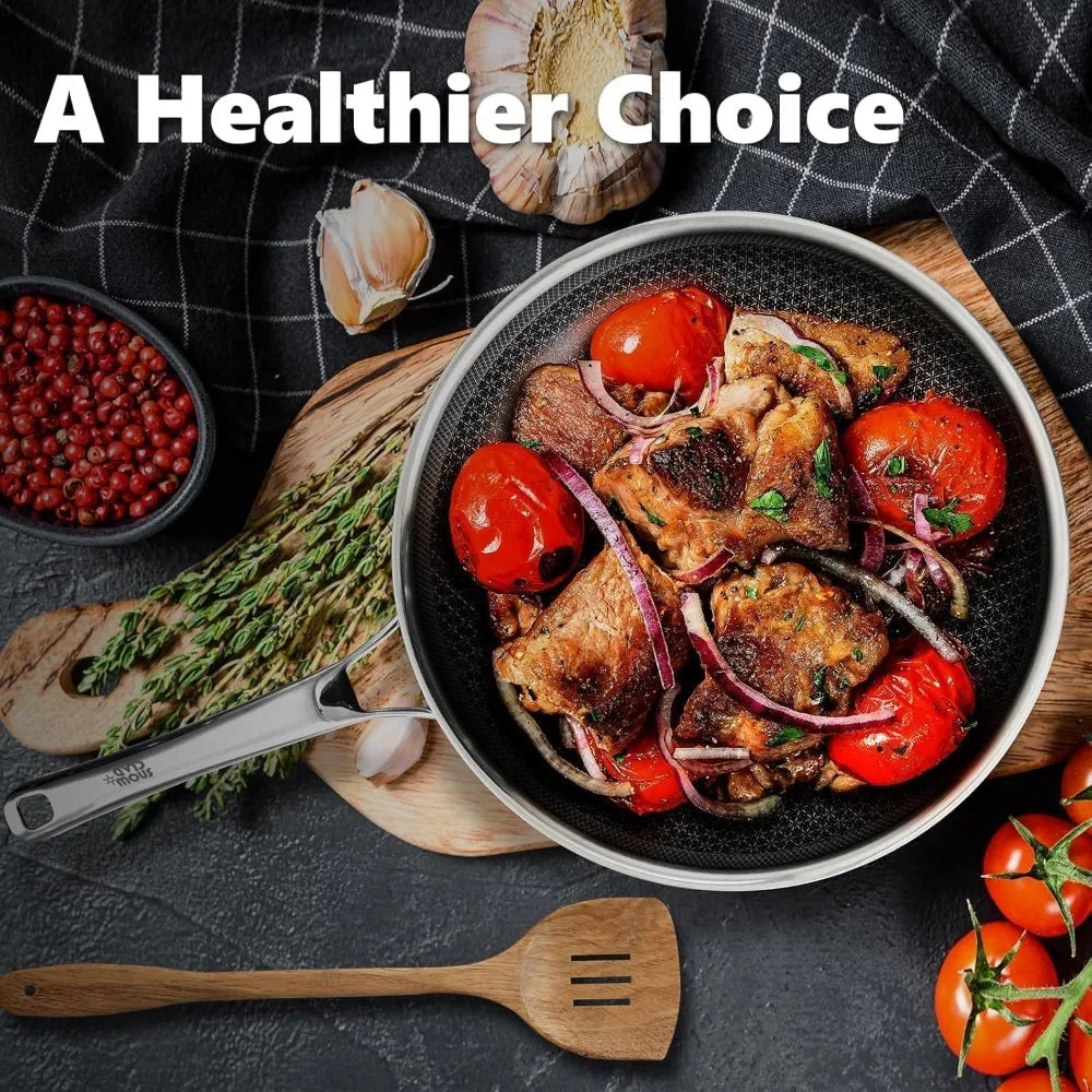 Non Stick Frying Pans Set with 2 Lid, Hybrid Skillet Set Nonstick (8+10+12inch), Pans for cooking