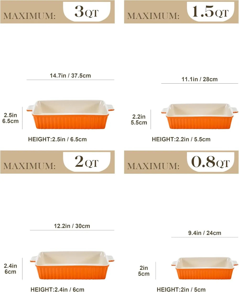 4-Piece Porcelain Baking Pan Set, Rectangular Casserole Dishes for Oven, 9.4" to 14.7", Orange