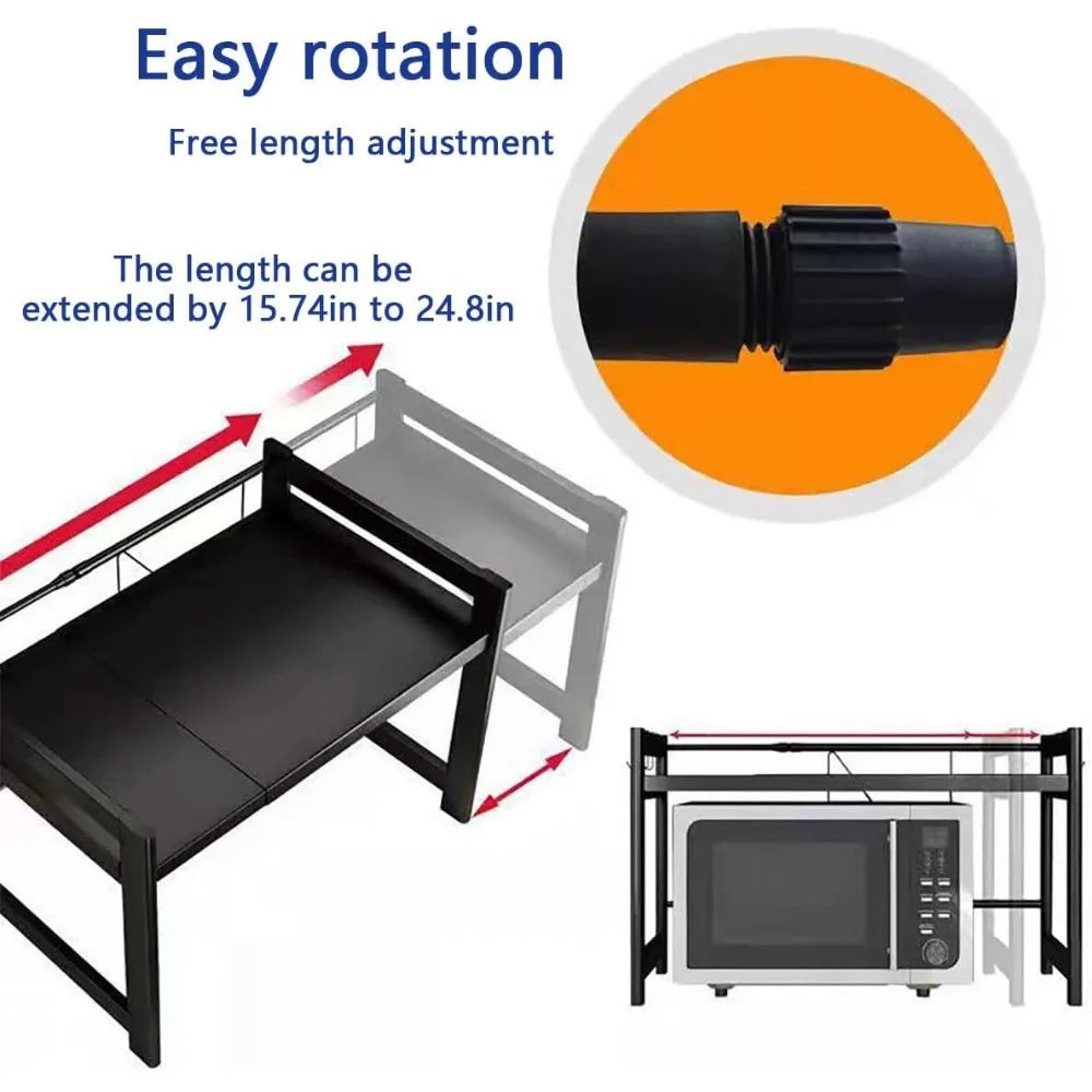 Expandable Microwave Oven Rack Adjustable Length Storage Shelf with Hooks and Holder for Kitchen Counter