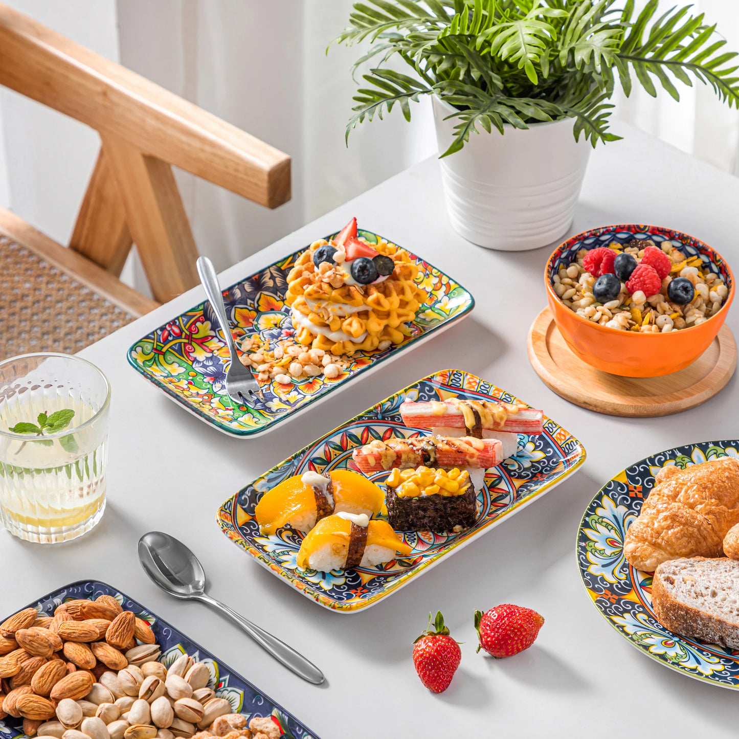 vancasso 6/12 Piece Porcelain Rectangular Serving Plates Bohemian 8.5 Inch Dinner Plates Set for Beef/Food/Noodles/Pasta Serves