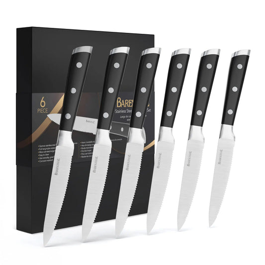 Barenthal 6-Piece Steak Knife Set, Stainless Steel Serrated Blade Mirror Polished Ergonomic Handle Rustproof Dishwasher Safe Flatware for Home Restaurant Dining