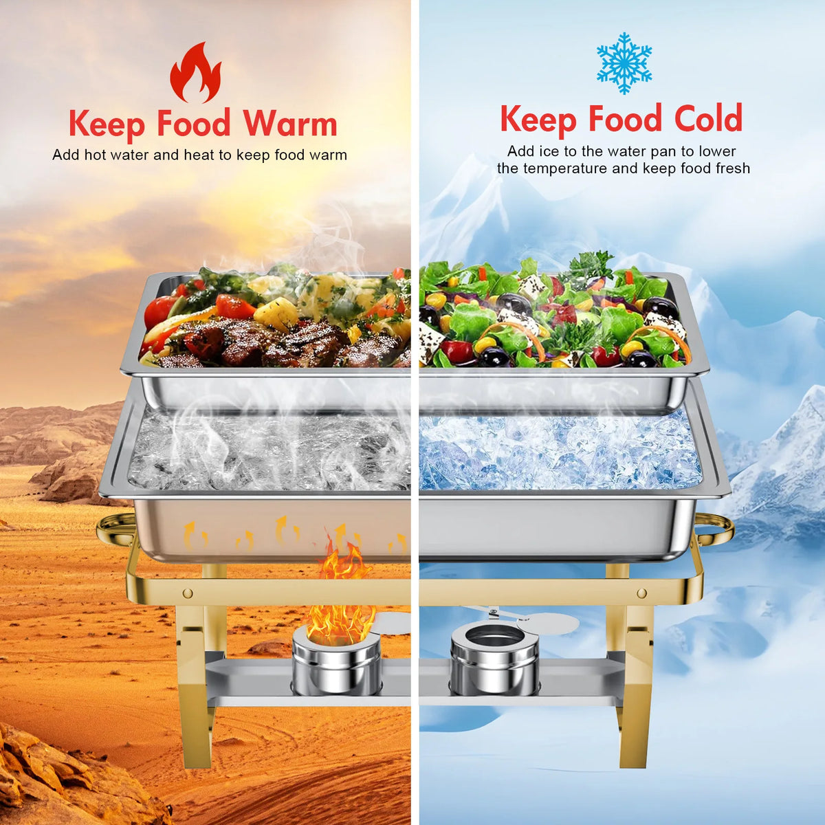 2/4Pack Chafing Dishes Buffet Set Semi-Gold-Plated Stainless Steel 8QT-9QT Rectangular Buffet Warmer Sets for Catering Party