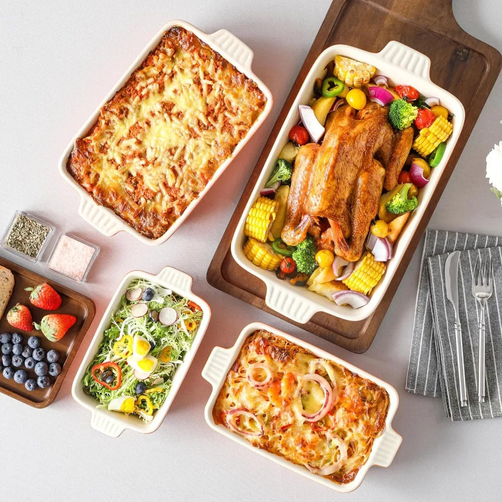 4-Piece Porcelain Baking Pan Set, Rectangular Casserole Dishes for Oven, 9.4" to 14.7", Orange