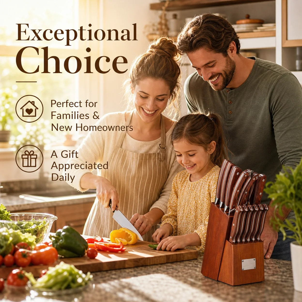 16 Pcs Kitchen Knife Set with Sharpener & Wooden Block, Stainless Steel Brown Wood Handle, Multi Cooking Knives
