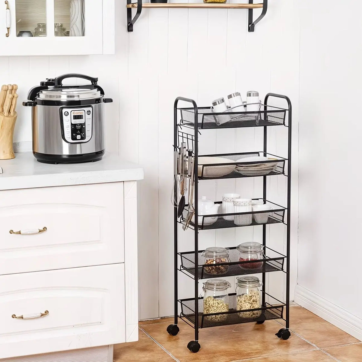 5 Tier Rolling Utility Cart with Wheels, Heavy Duty Metal Storage Organizer Trolley with Hooks and Removable Baskets, Multi-Purp