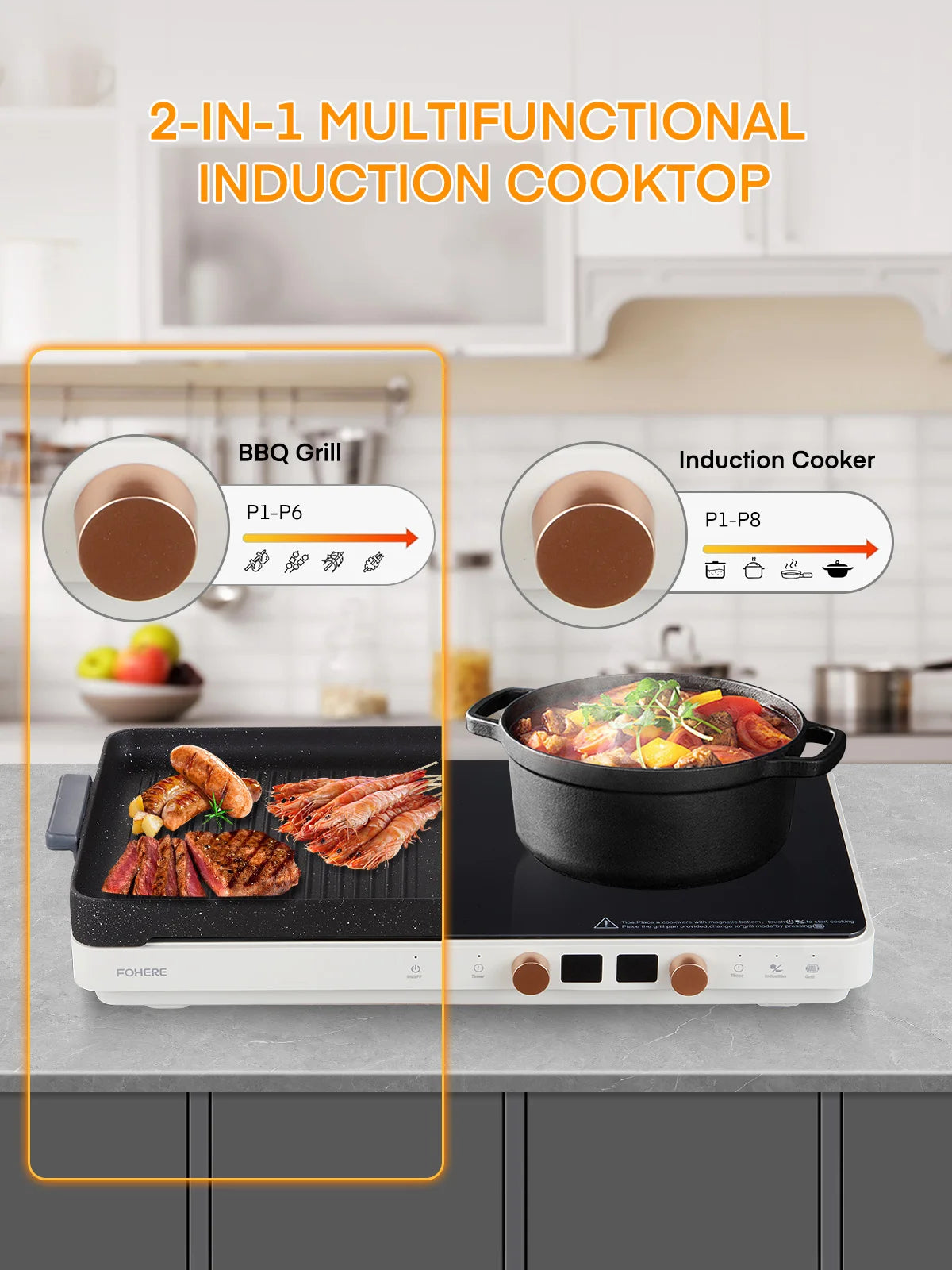 Induction Cooktop 2 Burners, Double Induction Griddle Cooktop with Removable Non-Stick Cast Iron Griddle Pan, Independent Temperature Control, 8 Power Levels, 99-Min Timer, Rubber Handle – for Magnetic Cookware