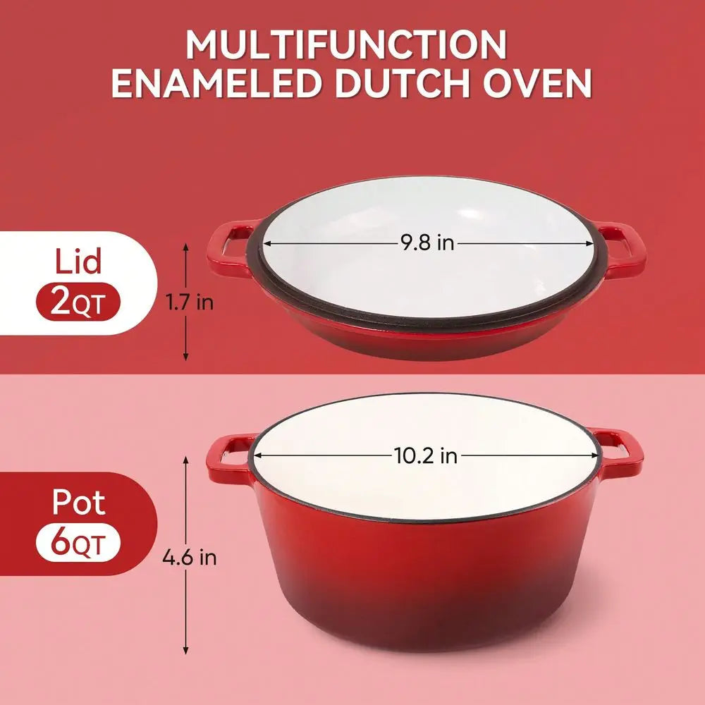 Nalupatio Kerilyn 2-In-1 Enameled Cast Iron Dutch Oven, 6QT Dutch Oven + 2QT Frying Pan Lid, Suitable For Bread Baking, Stewing