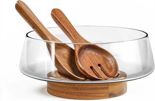 Large Glass Salad Bowl Set with Acacia Wood Base and Serving Utensils for Parties