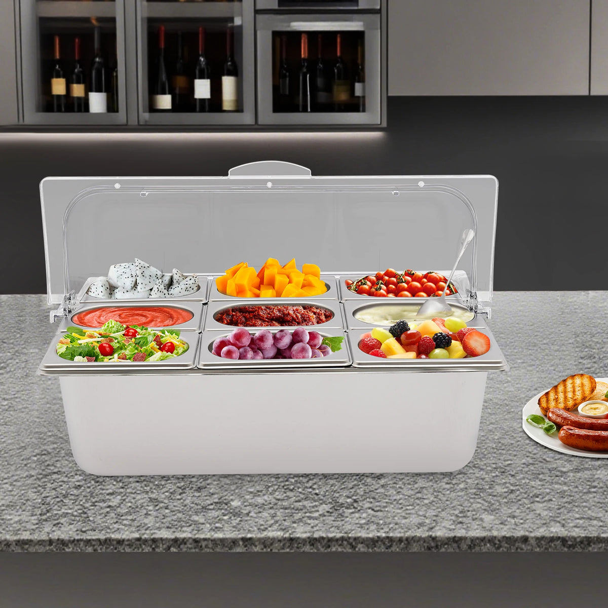 9-Compartment Stainless Steel Fruit Tray with Ice Pack Base, Clear Flip Lid, 21 Inch Buffet Serving Platter for Party Picnic