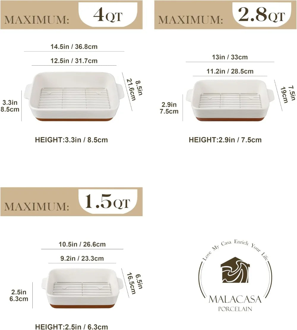 3-Piece Ceramic Casserole Set with Roasting Racks, Oven Safe to 500°F, Khaki White, 10.5-14.5 Inches