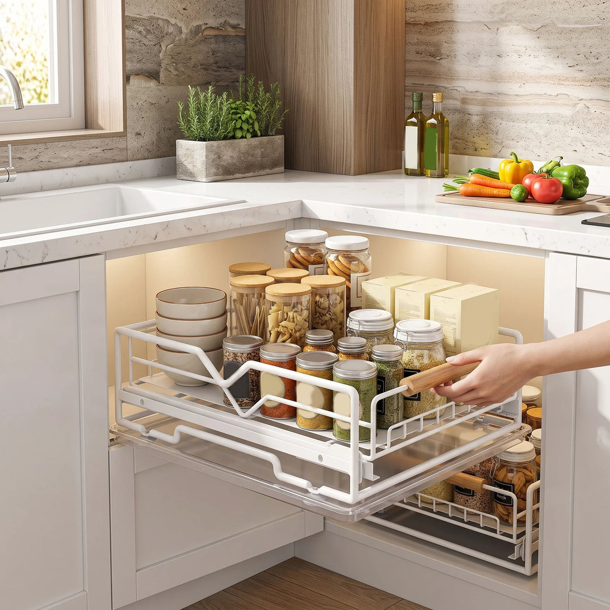 Slide Out Drawer Pull Out Cabinet Organizer Iron Slide Out Storage Drawer Under Sink Rack with Drain Tray for Kitchen White
