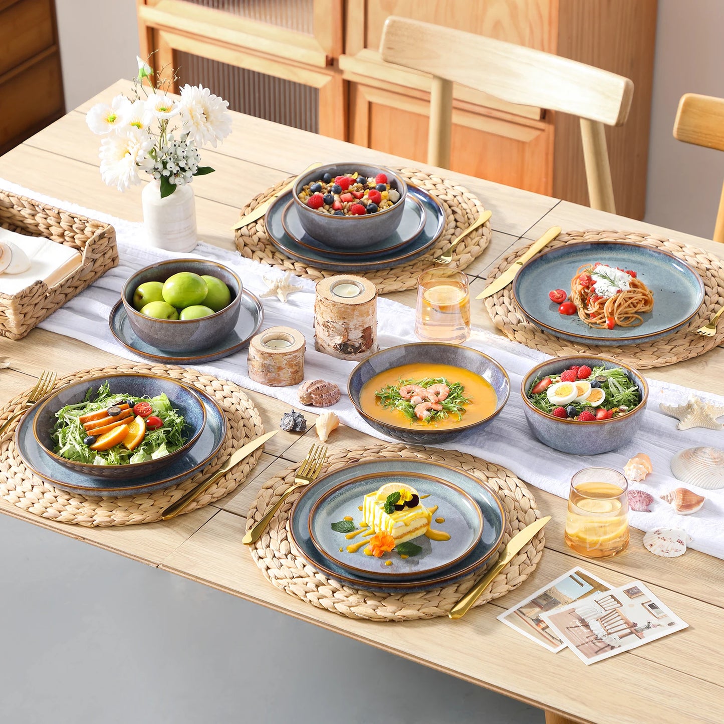 vancasso 12/16/18/24 Piece Grey-Blue Reactive Glaze Stoneware Plates Set Dinnerware Sets with 4/6 pcs Dinner Plate/Dessert/Bowl