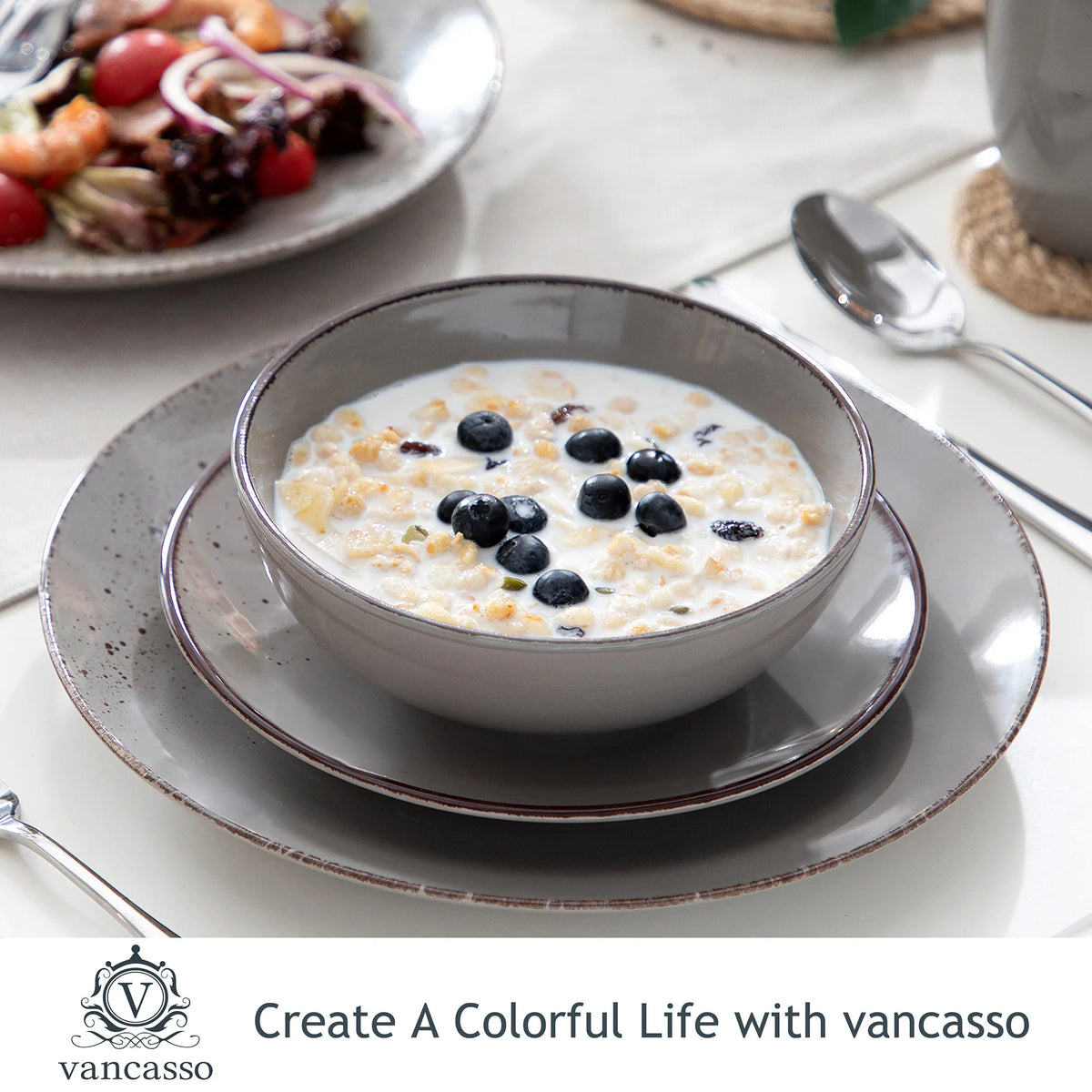 Vancasso Navia Grey 16/32/48-Piece Ceramic Stoneware Dinnerware Set with Dinner Plate,Dessert Plate,800ml Bowl,Mug Tableware Set