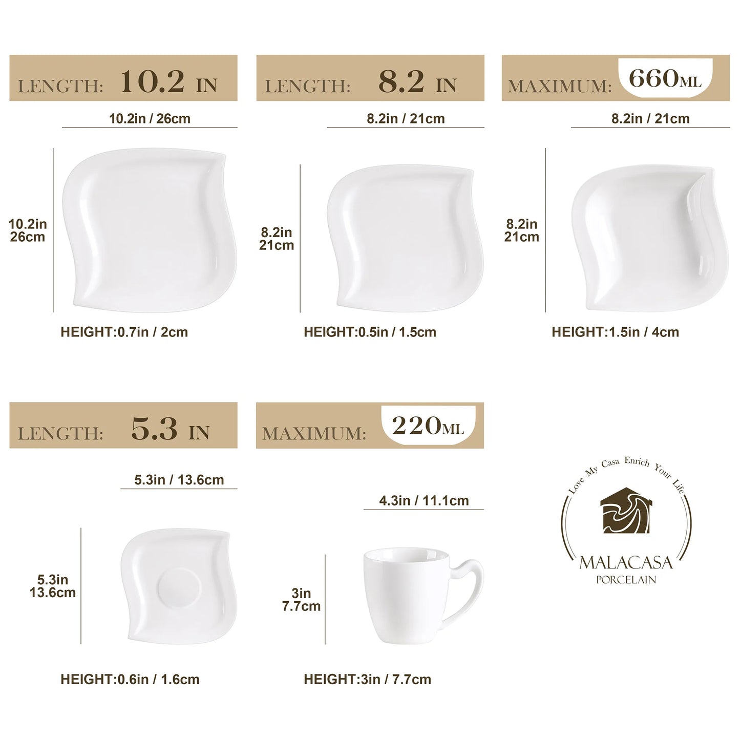 MALACASA Porcelain Dinnerware Set With Cups Saucers Dessert Plates