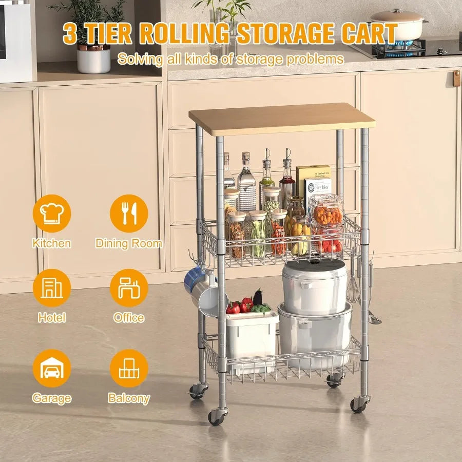 Homeiju Rolling Kitchen Storage Cart, 3-Tier Storage Rack On Caster Wheels With Adjustable 2 Baskets, Coffee Station Cart Rack S
