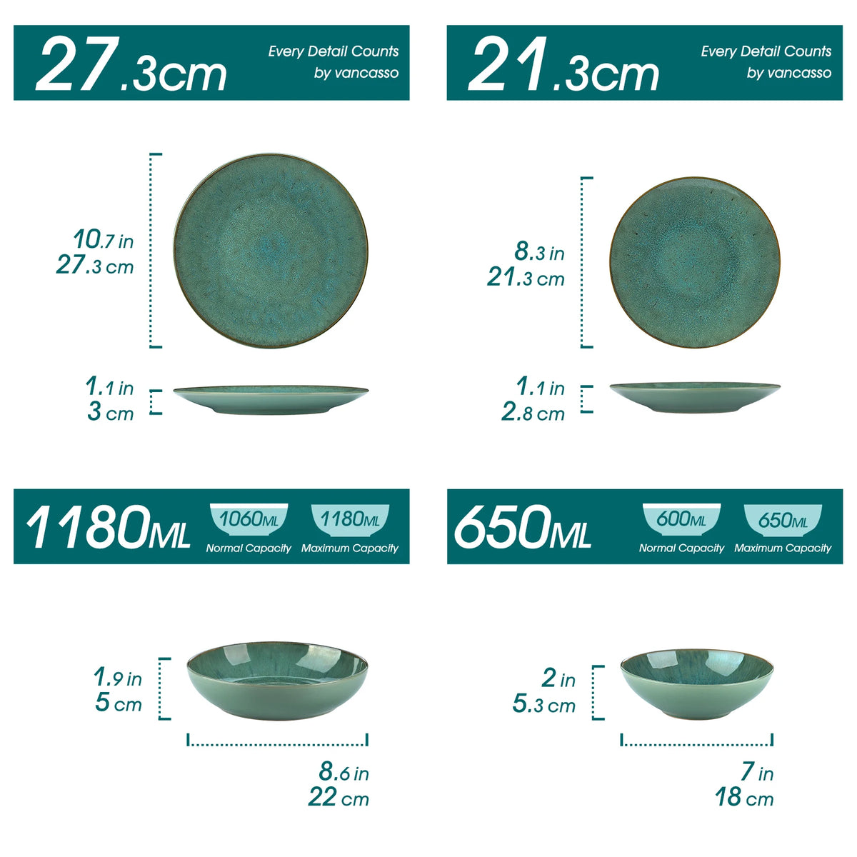Vancasso KARST 16/32/48 Piece Green Embossed Stoneware Tableware Set with Dinner/Dessert Plate/Soup Bowl/Mug Service for 4/8/12