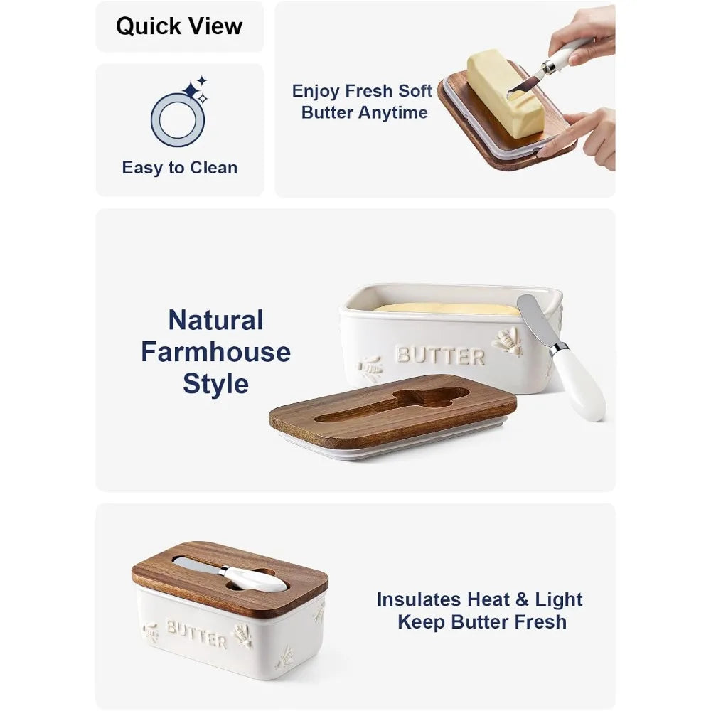Ceramic Butter Dish with Bee Embossed Design, Acacia Wood Lid & Knife, Farmhouse Style, Airtight, Arctic White