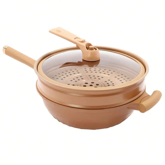 Multifunctional Non-Stick Clay Wok With Steamer Basket Frying Pan, 12.6in Pottery Clay Non-Stick Micro Pressure Pot 2-In-1 Micr