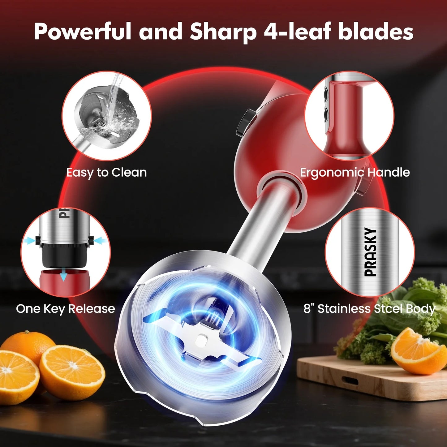 PRASKY 5-in-1 Handheld Immersion Blender with High Power Motor & Multi-Attachment System - Powerful Motor, Whisk, Meat Chopper