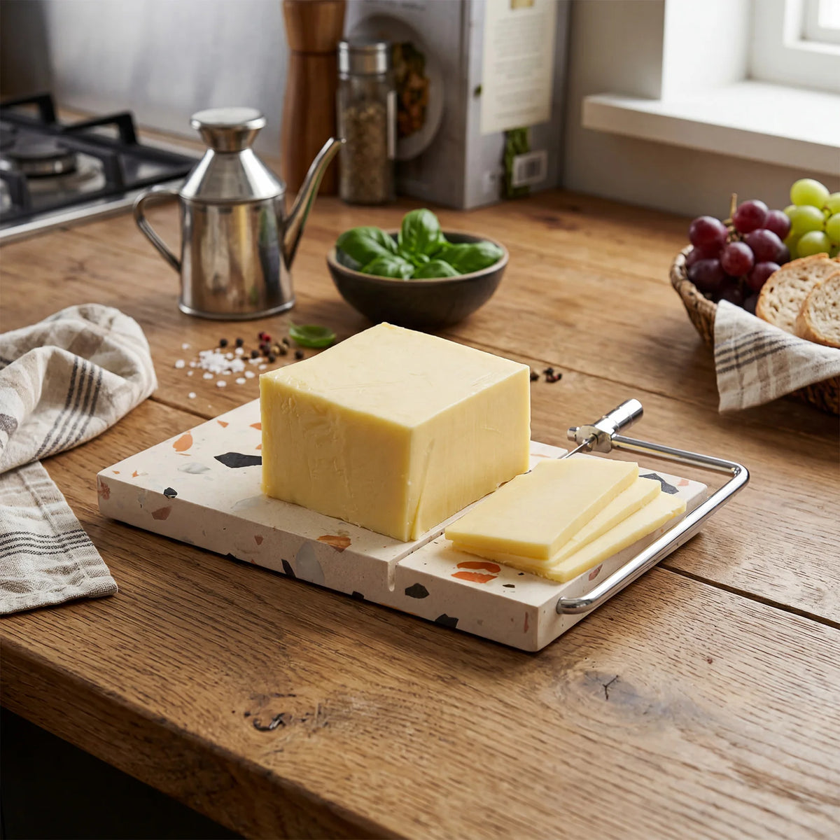 `Cheese Slicer Board, 8.5×7.1 Inch Natural Marble Cheese Cutter with Wire Slicer, Multi-Purpose Food Slicer for Cheese Butter Meat`