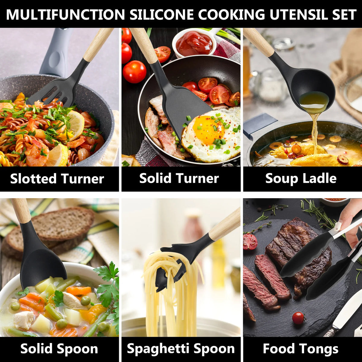 KOOMADE 12Pcs Silicone Cooking Utensils Set Natural Wood Handle Heat Resistant Non-Stick Kitchen Spatula Spoon Whisk Tongs Baking Tools With Storage Holder Kitchen Cookware Accessories