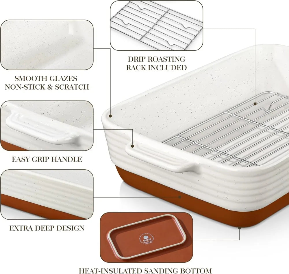 3-Piece Ceramic Casserole Set with Roasting Racks, Oven Safe to 500°F, Khaki White, 10.5-14.5 Inches