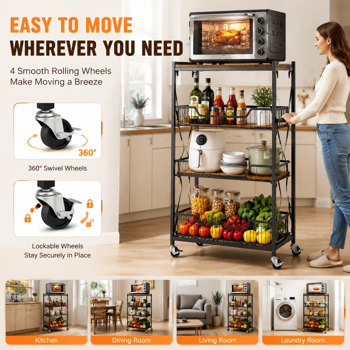 Large 4-Tier Foldable Storage Cart with Lockable Casters, 100 Lbs Capacity Expandable Kitchen Organizer, No Assembly Heavy Duty Garage Shelving Utility Rack, Black