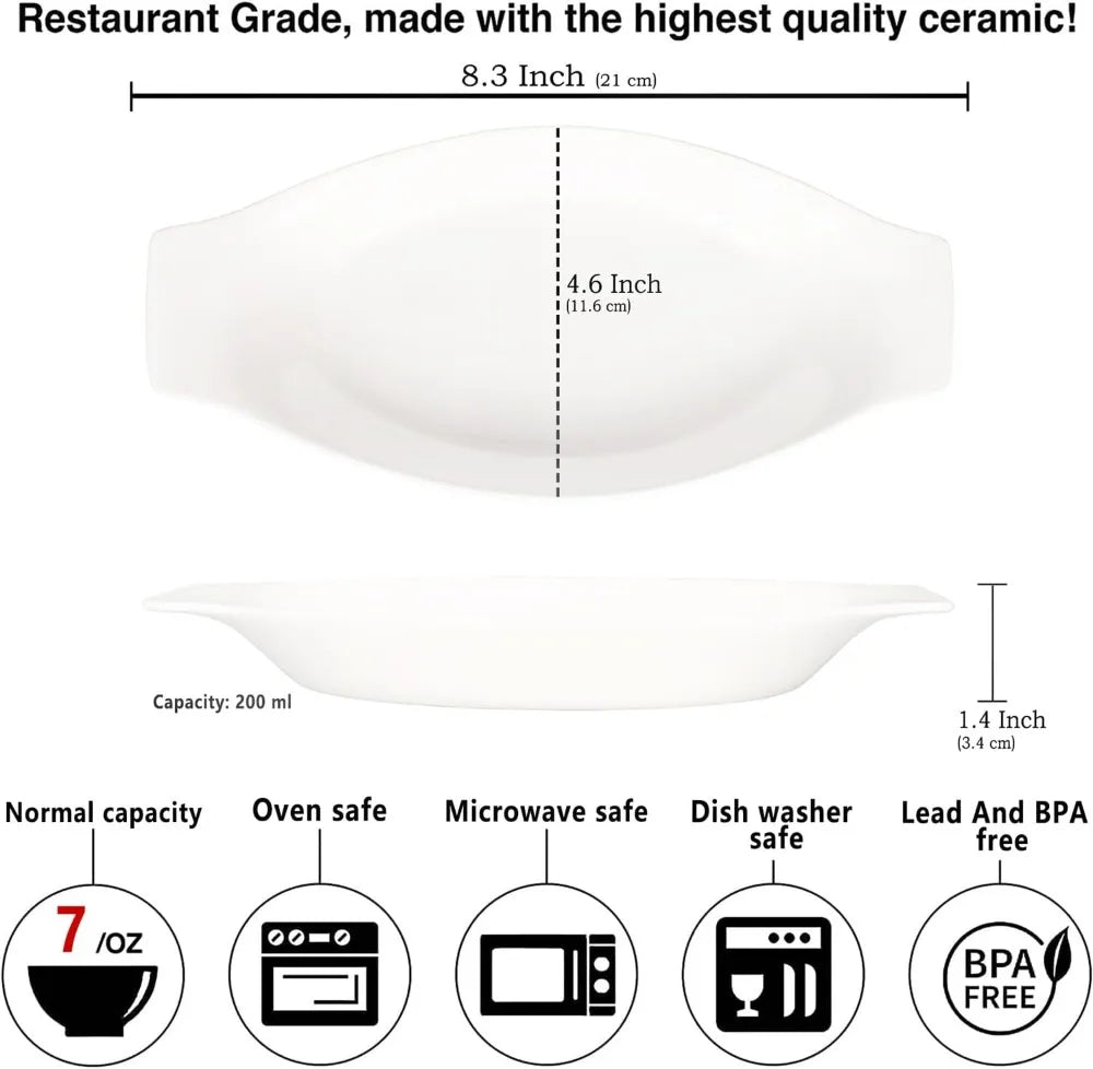 7 oz Ceramic Oval Baking Dish Set of 4, 6.7"L x 4"W, Oven & Microwave Safe, with Handle, for 1-Person Servings