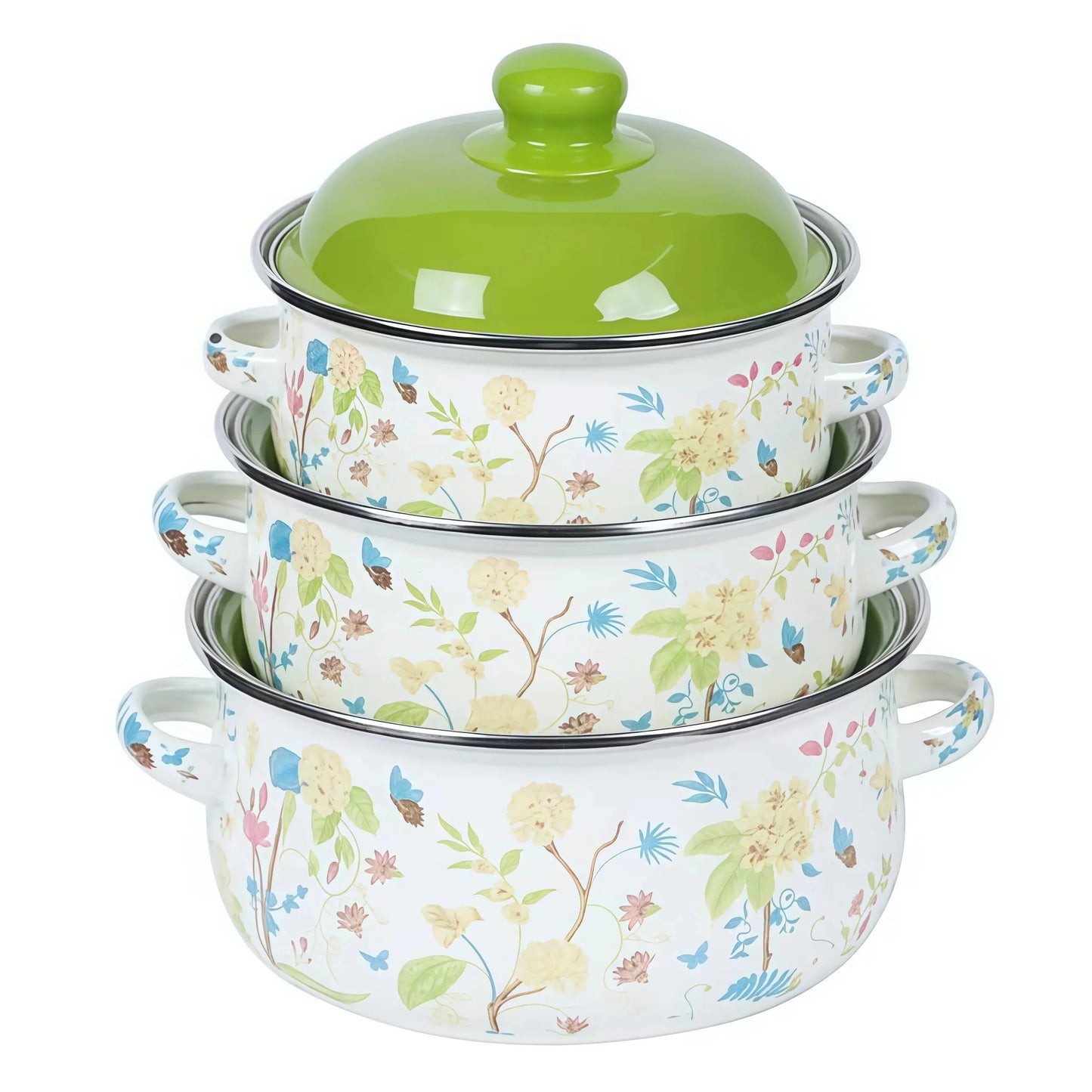 3Pcs Vintage Enamel Stock Pot Set with Lid,34oz/51oz/68oz Retro Flower Cooking Pot, Flat Bottom Stew Pot with Dual Handles for Induction & Gas Stove Kitchen Use