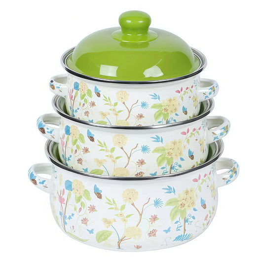 3Pcs Vintage Enamel Stock Pot Set with Lid,34oz/51oz/68oz Retro Flower Cooking Pot, Flat Bottom Stew Pot with Dual Handles for Induction & Gas Stove Kitchen Use