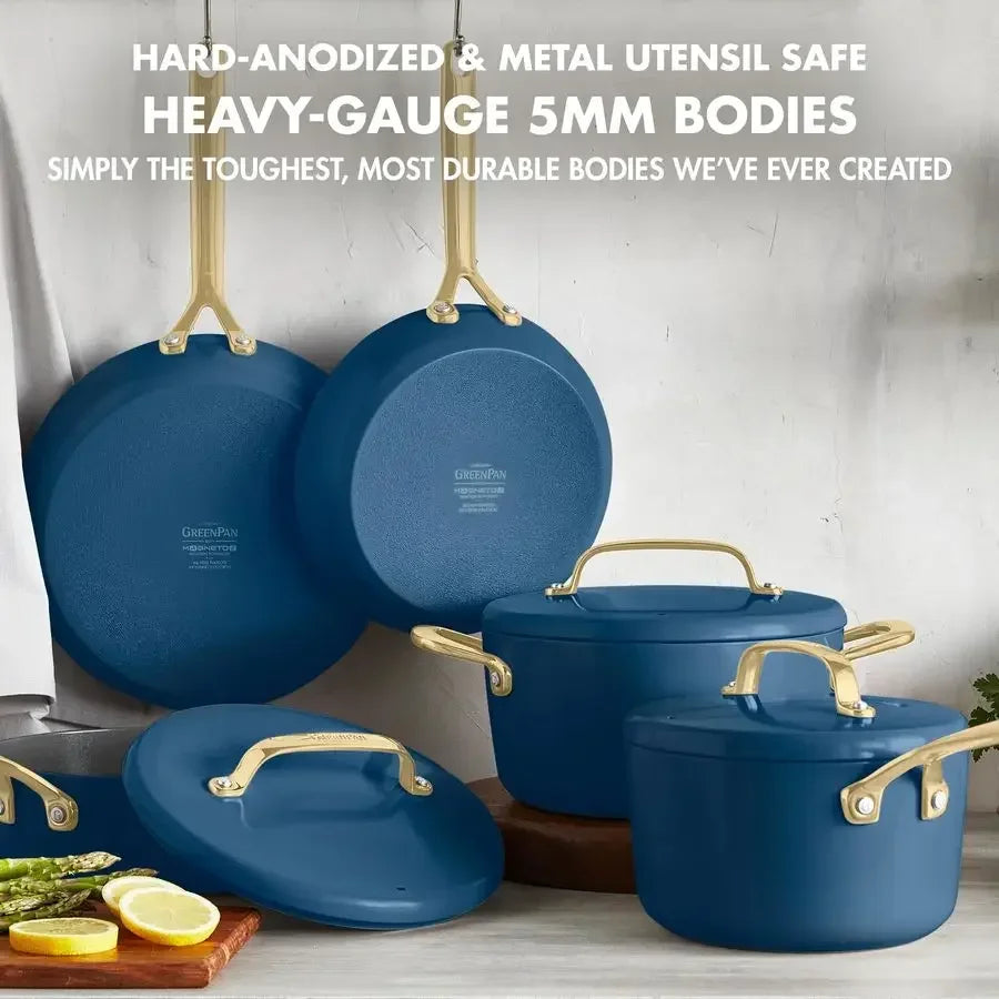 GP5 14 Piece Cookware Pots and Pans Set, Hard Anodized Healthy Ceramic Nonstick PFASFree, Champagne Handles, Heavy Gauge, StayF