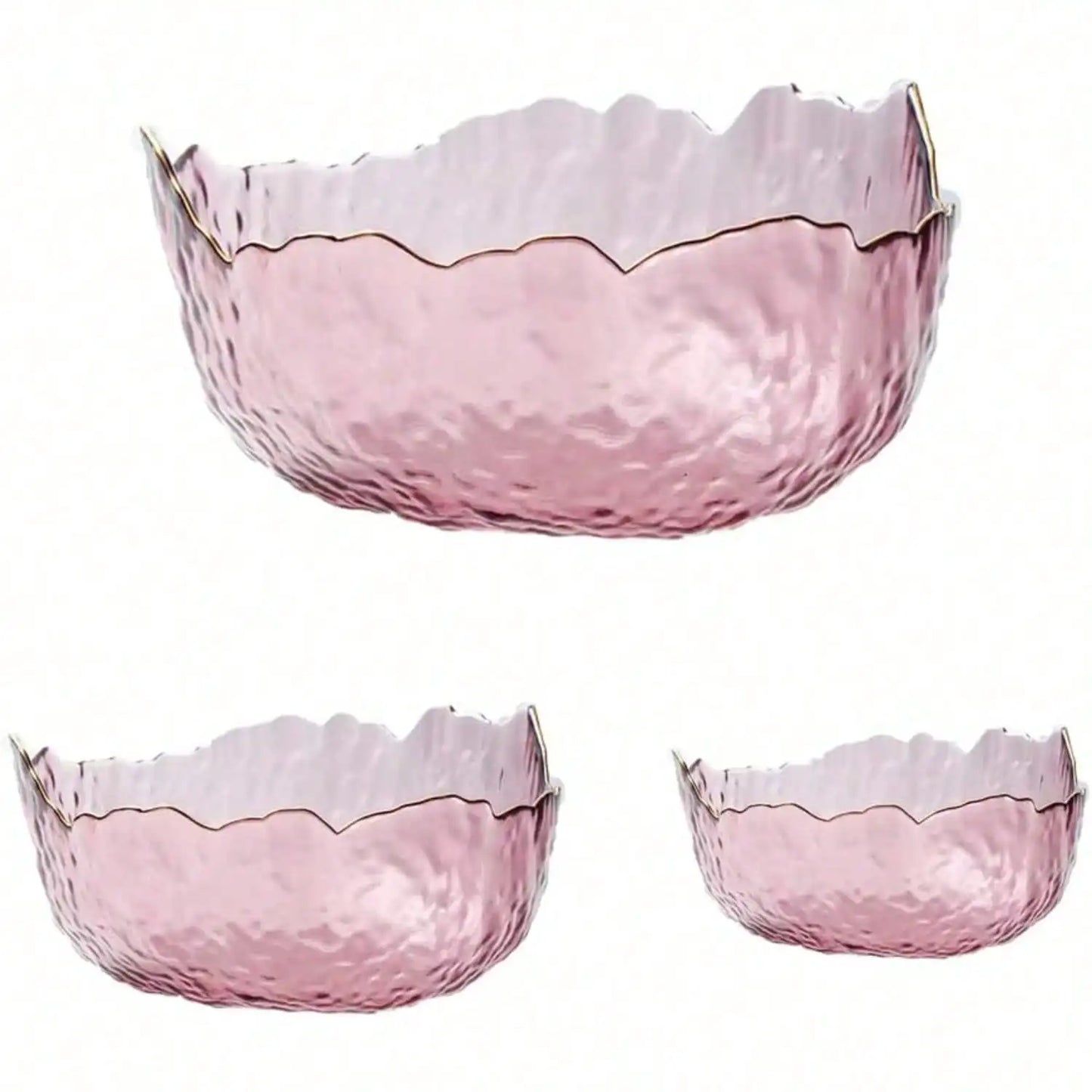 3-Pack Glass Bowls For Kitchen Prep, Nesting Space Saving Set Of Bowls, Pink Crystal Bowl Set, Irregular Shape Glass Bowl For Salad,Ice Cream, Cereal,Dessert, Freezer (Light Pink)