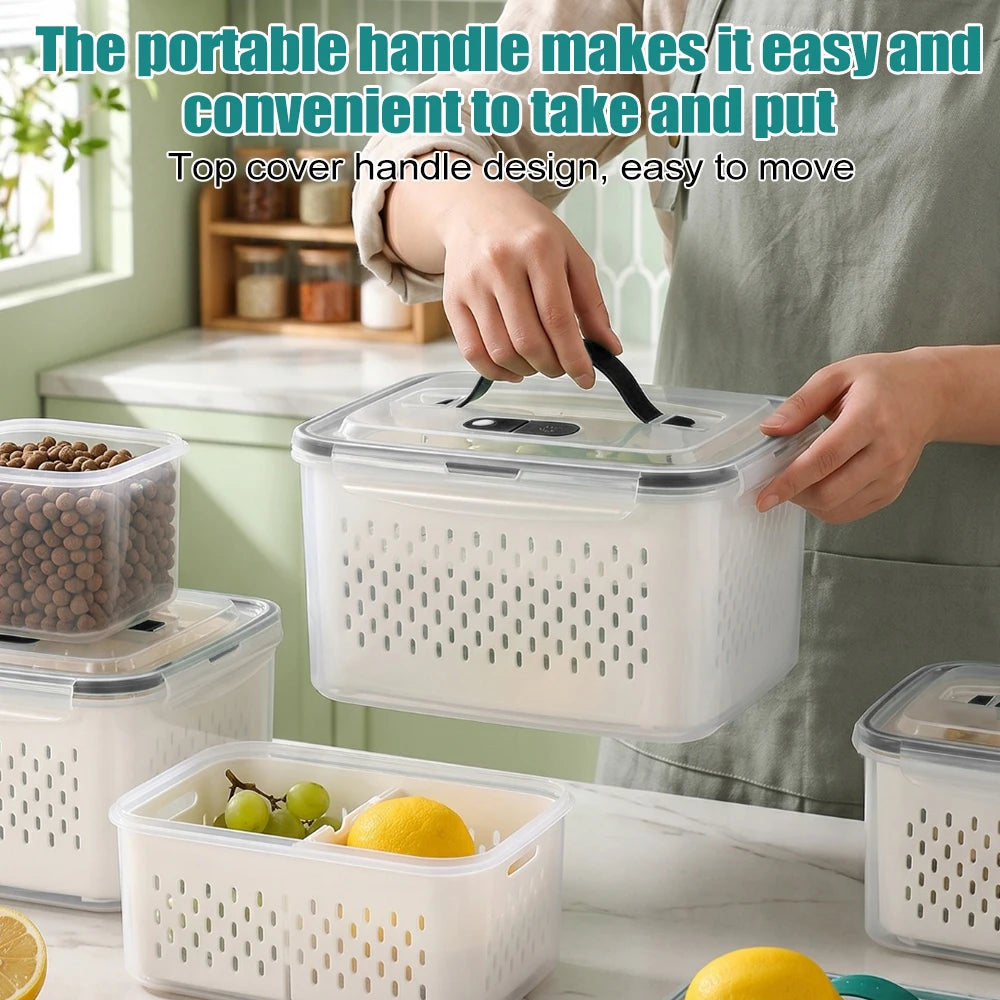 4 Pack Double Layer Fridge Storage Organizer Box PP Leakproof Food Container with Drain Basket Portable Handle Divider Clear Vegetable Fruit Fresh Keeper Refrigerator Organizer Bins