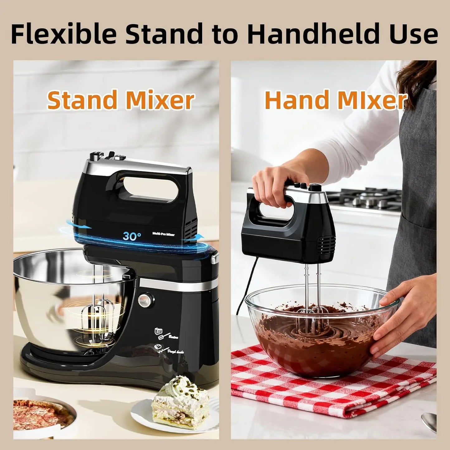 Stand Mixer 2-IN-1 Electric Kitchen Mixer, 4.8 QT Auto-Rotating Beater & Bowl Tilt-Standing Hand