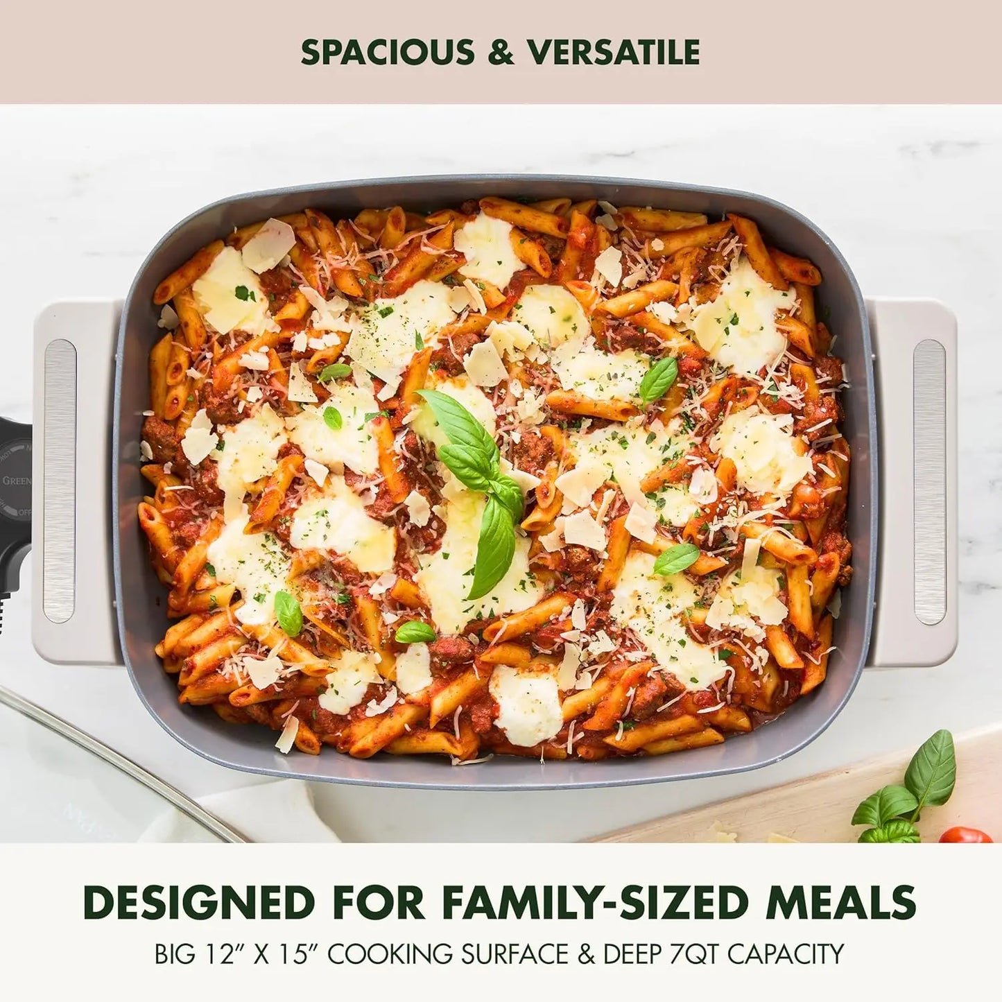 Advanced 12” X 15” Electric Skillet with Lid, 7QT Capacity for Family Meals, Healthy Ceramic Nonstick