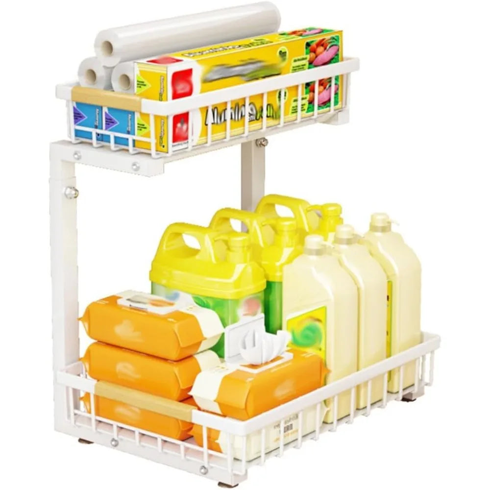 Garvee 2 Tier White/Black Under Sink Organizer Pull Out Sliding Drawer Fixed Metal Storage Rack for Kitchen Bathroom, Cleaning & Spice Organizer