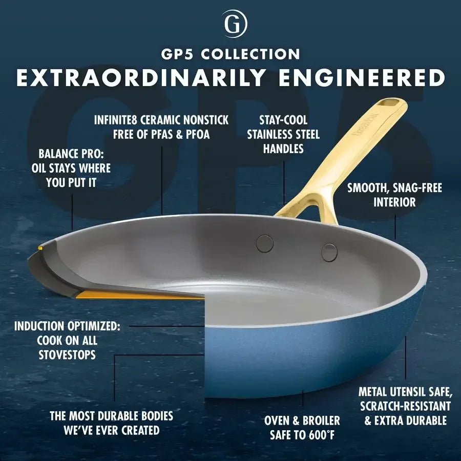 GP5 14 Piece Cookware Pots and Pans Set, Hard Anodized Healthy Ceramic Nonstick PFASFree, Champagne Handles, Heavy Gauge, StayF