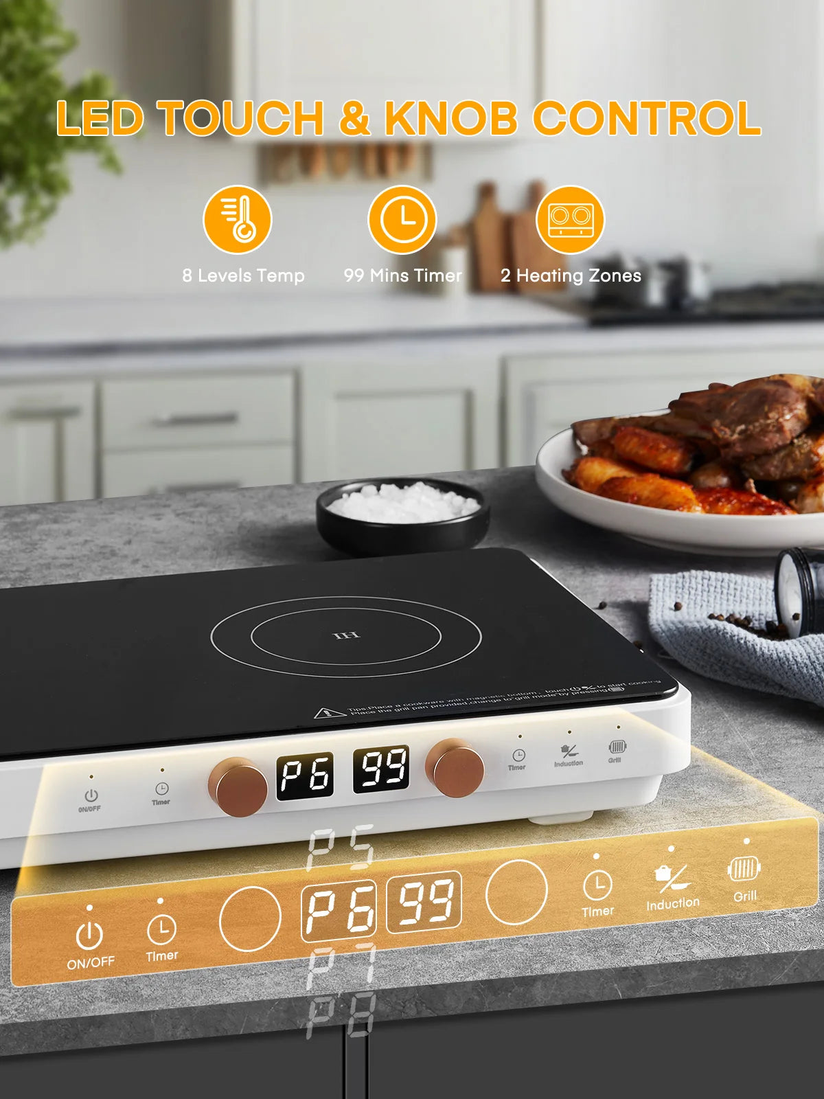 Induction Cooktop 2 Burners, Double Induction Griddle Cooktop with Removable Non-Stick Cast Iron Griddle Pan, Independent Temperature Control, 8 Power Levels, 99-Min Timer, Rubber Handle – for Magnetic Cookware