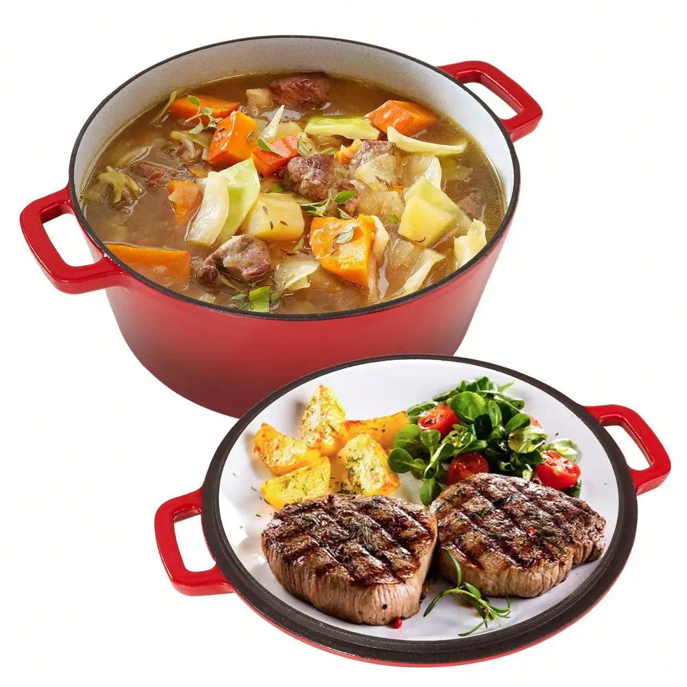 Nalupatio Kerilyn 2-In-1 Enameled Cast Iron Dutch Oven, 6QT Dutch Oven + 2QT Frying Pan Lid, Suitable For Bread Baking, Stewing