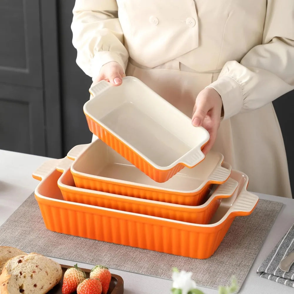 4-Piece Porcelain Baking Pan Set, Rectangular Casserole Dishes for Oven, 9.4" to 14.7", Orange