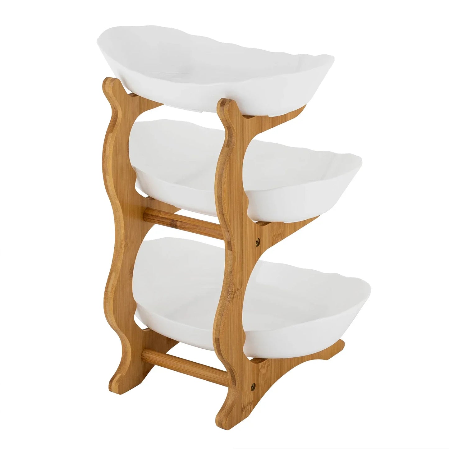 3 Tiered Ceramic Fruit Bowl Detachable Design Space Optimization Fruit Bowl with Bamboo Wood Stand for Fruits, Candies, Food