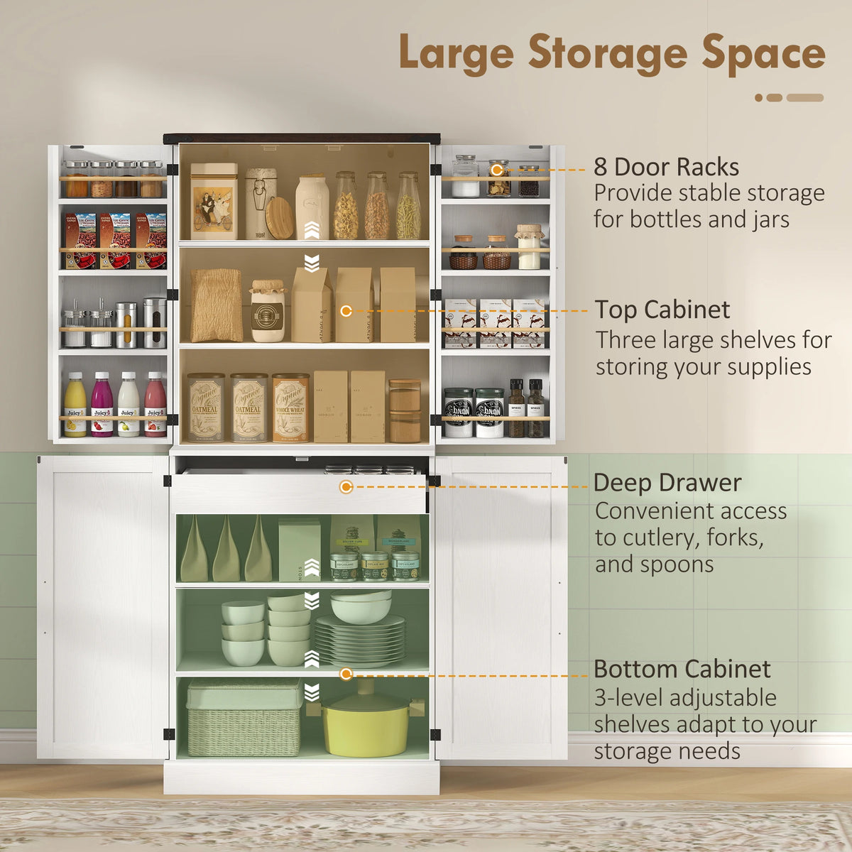 HOMCOM 72" Tall Kitchen Pantry Cabinet, Farmhouse Storage Cabinet with 8 Door Racks and Drawer, Freestanding Food Pantry with Adjustable Shelves and Barn Doors, White