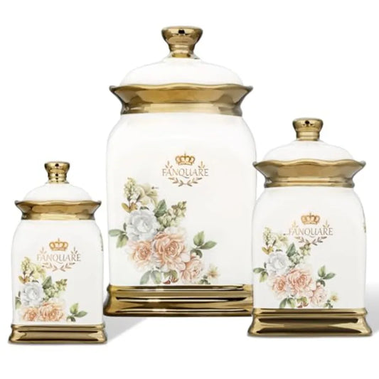 Floral Ceramic Canister Set Gold Trim Cookie Jar Sugar Bowl